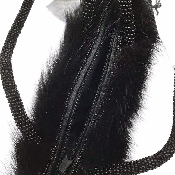Mitchie’s Black Beaded Evening Bag Faux Fur Trim Top Handle Purse NWT Vintage - Picture 12 of 16